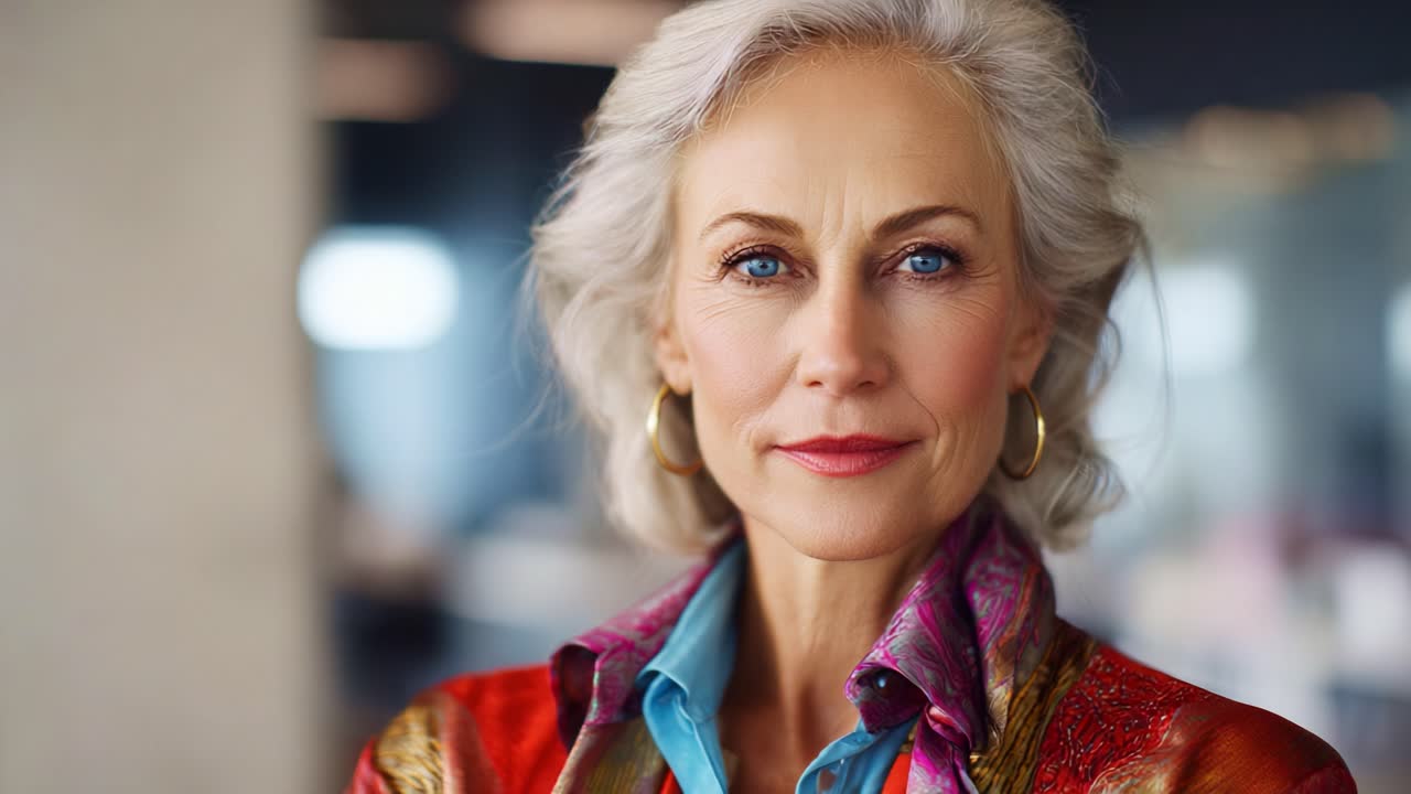 Un'affascinante signora matura che emana sicurezza ed eleganza con capelli grigi e sorprendenti occhi azzurri, che indossa un completo colorato in un ambiente moderno