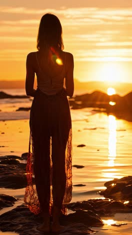 woman standing on rocky shore at sunset with calm water reflections