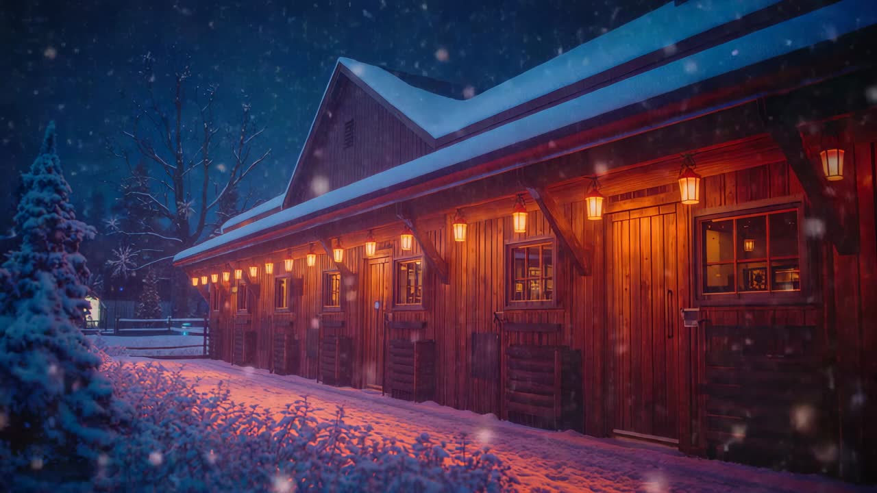 Drifting snowflakes covering lodge roof and fence under lantern glow at nightfall