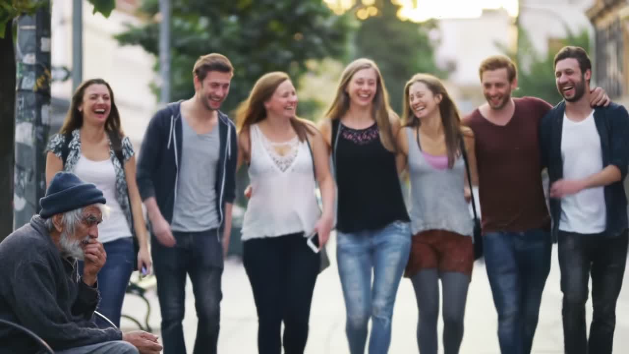 A poignant contrast between joy and solitude is captured in two frames depicting a group of cheerful friends walking together while a lonely man observes from the sidelines