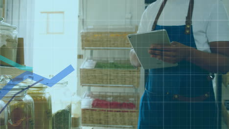 animación del procesamiento de datos financieros con líneas azules sobre un hombre que usa una tableta en la tienda