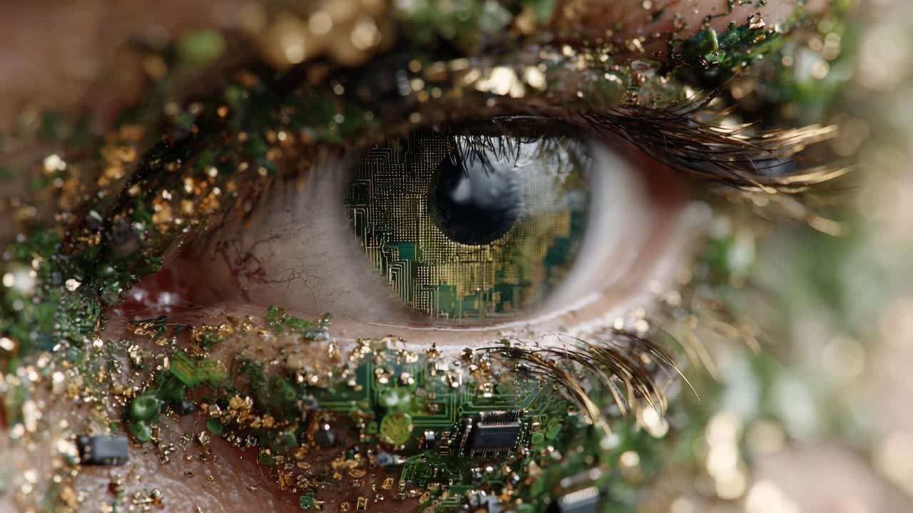 A Close-Up of an Eye Adorned with Nature's Splendor: A Glimpse into the Fusion of Technology and Organic Beauty in an Intricately Decorated Iris