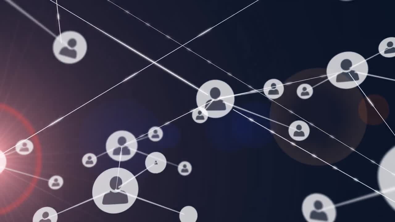 Animation of network of connections with people icons on dark background