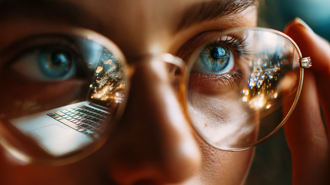 A Young Person with Focused Blue Eyes, Observing Digital Reflections in Glasses, Capturing a Moment of Concentration on Technology and Connectivity in Modern Life