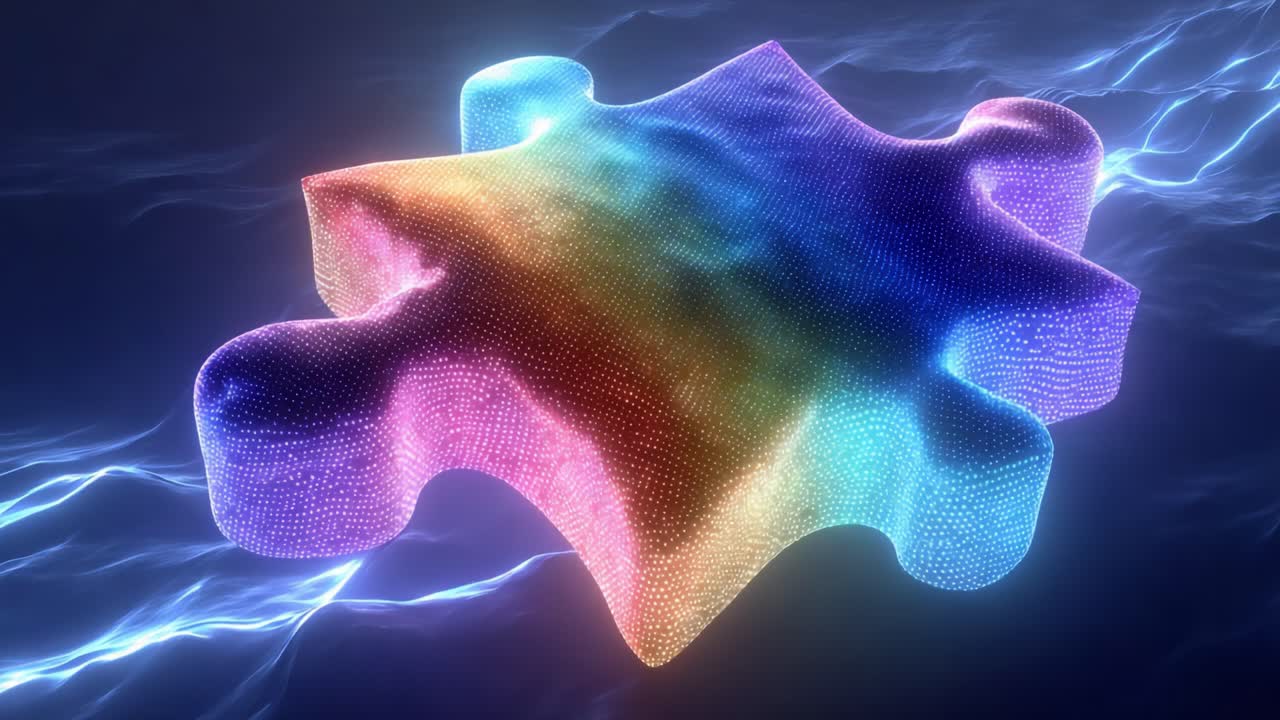 A Vibrant Puzzle Piece Floating in a Dynamic Electric Field, Showcasing a Spectrum of Colors and Patterns, Symbolizing Complexity and Interconnectedness of Ideas