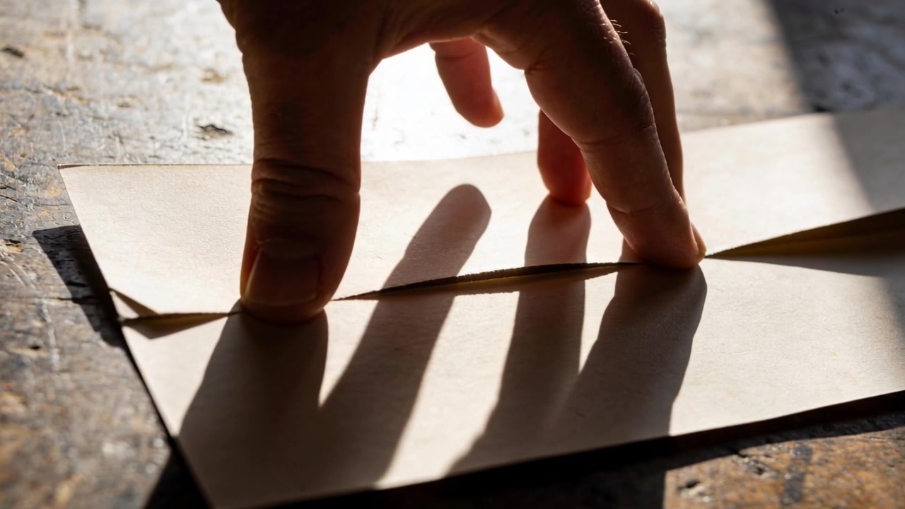 Una mano derecha desnuda que se acerca, presionando y alisando un pliegue de papel sobre una mesa desgastada, creando un pliegue limpio.