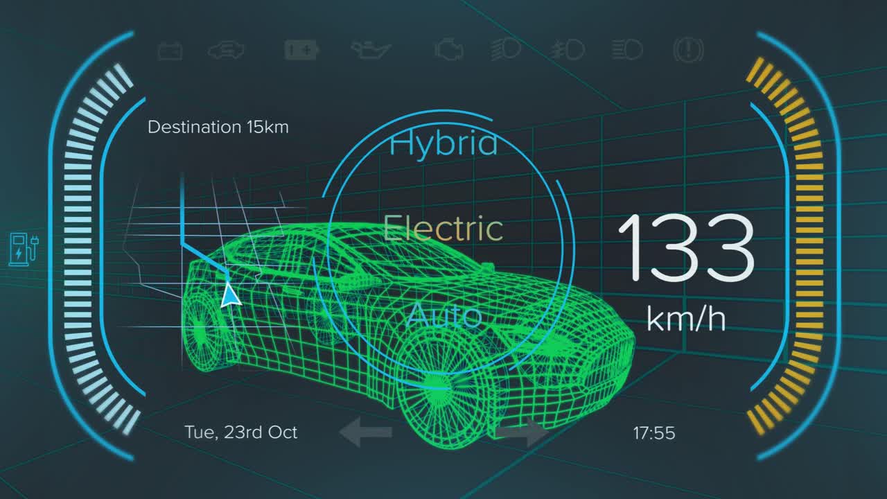검은색 바탕에 디지털 자동차를 통해 데이터 처리의 애니메이션