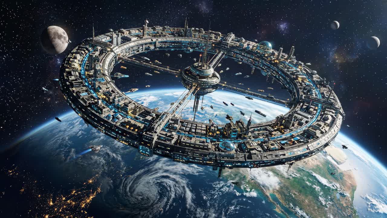 Massive Futuristic Space Station Orbiting Earth in Deep Space