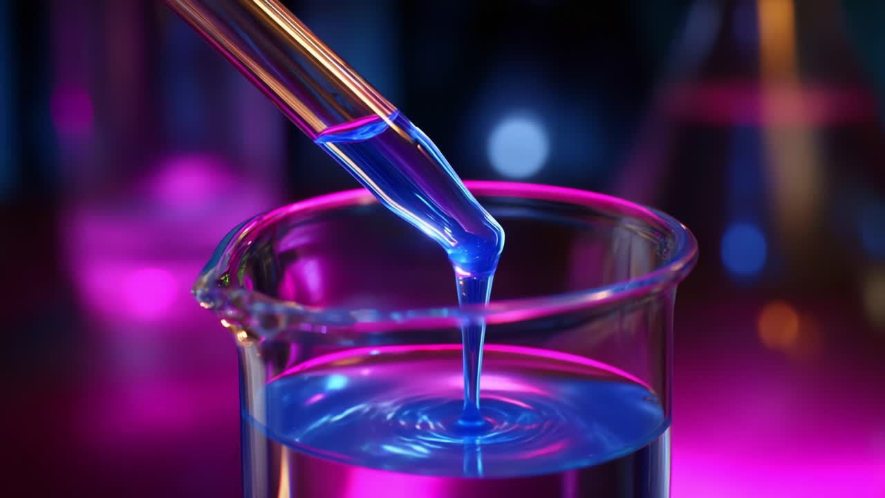 A close-up view of a pipette transferring vibrant blue liquid into a beaker against a colorful backdrop, emphasizing the precision of laboratory techniques and the beauty of chemistry in action