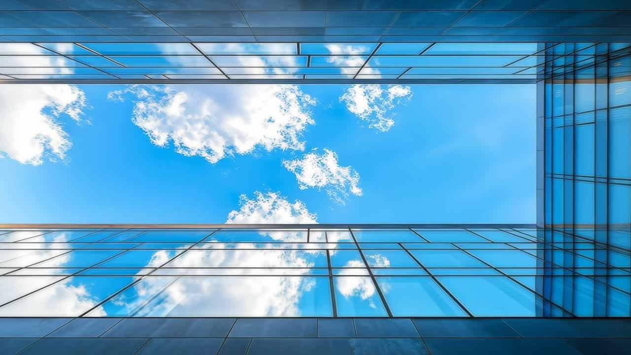 Clouds reflected in glass. Looking up at reflective glass buildings showcasing blue sky and white clouds, creating a serene urban atmosphere.
