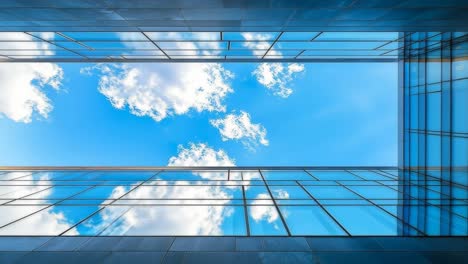 clouds reflected in glass. looking up at reflective glass buildings showcasing blue sky and white clouds, creating a serene urban atmosphere.