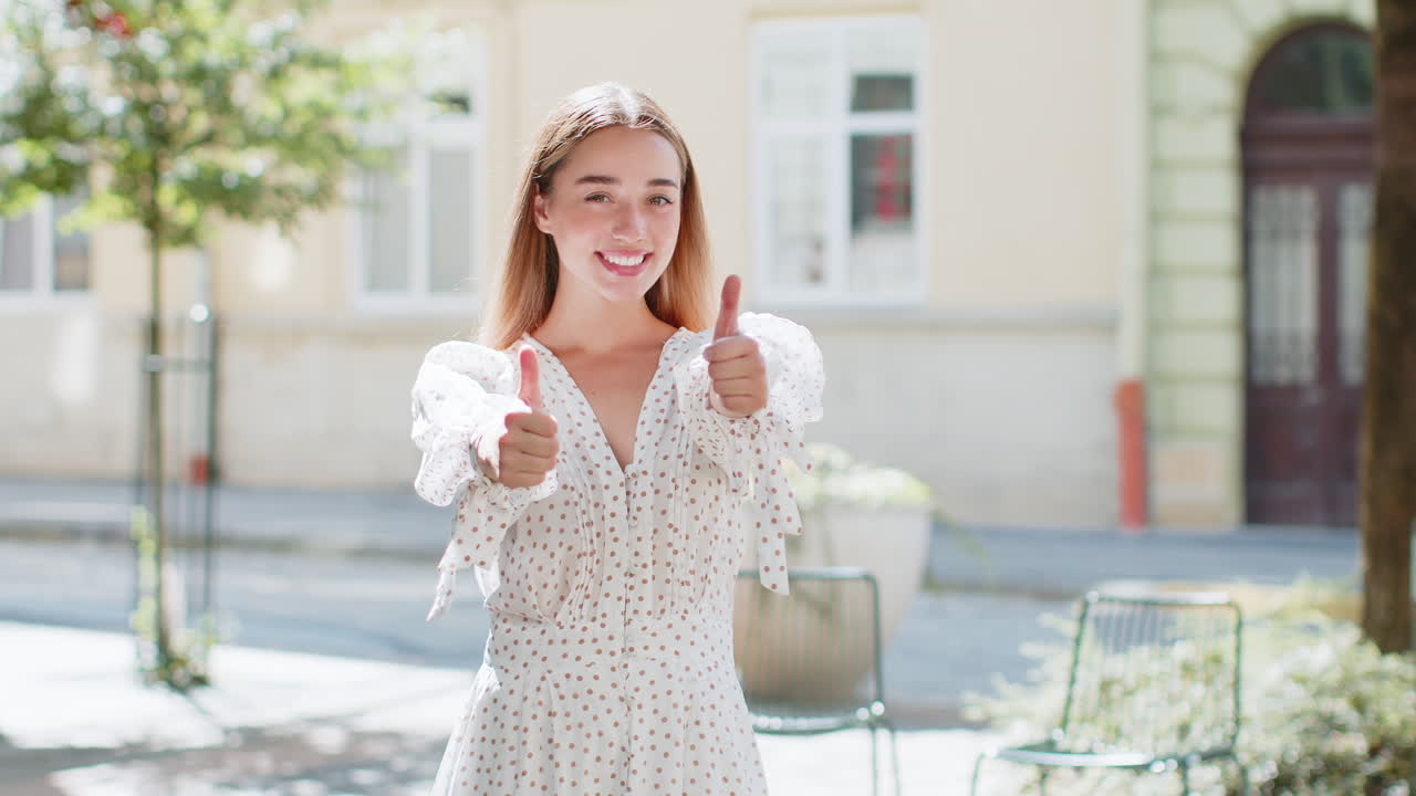 Woman showing thumbs up like sign positive something good positive feedback in urban city street