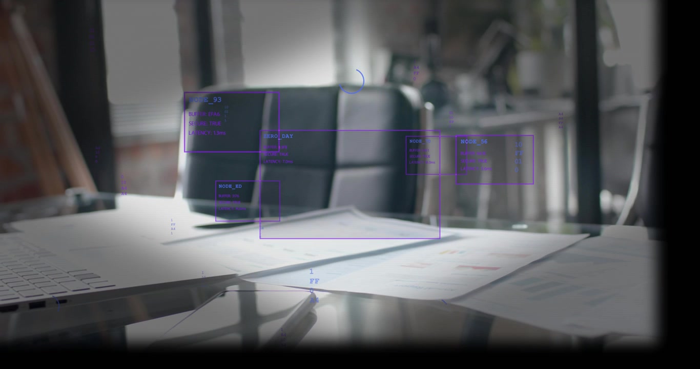 Office desk receiving data, HUD elements appearing and merging over papers, aiding business review