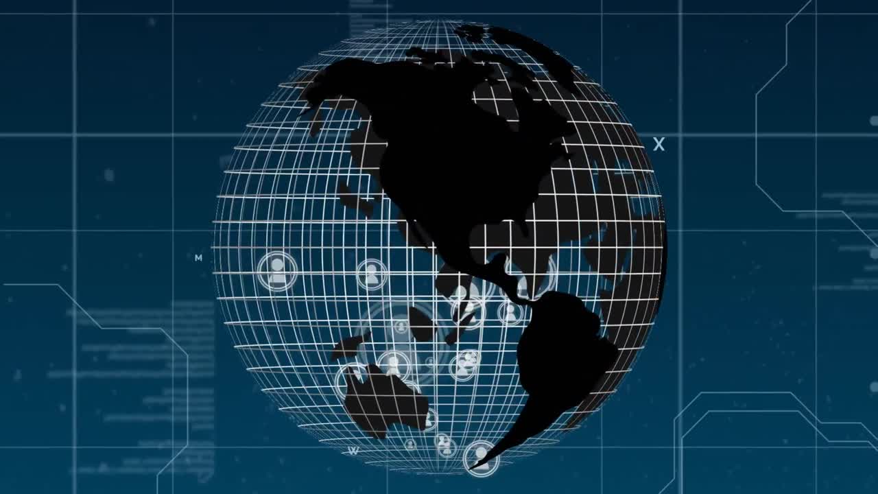 Animation of network of connections and data processing over dark background