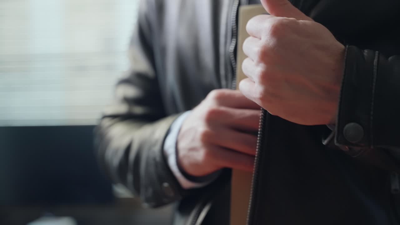 Man discreetly tucks confidential or top-secret folder into leather jacket, secrecy and tension. Espionage, hidden intelligence, classified documents, as deception and intrigue. spy undercover agent