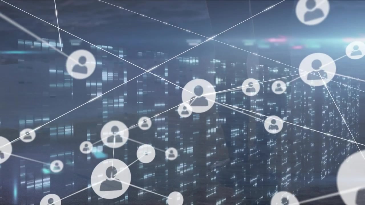 Digital Network Connection Nodes Overlaid on Abstract Cityscape
