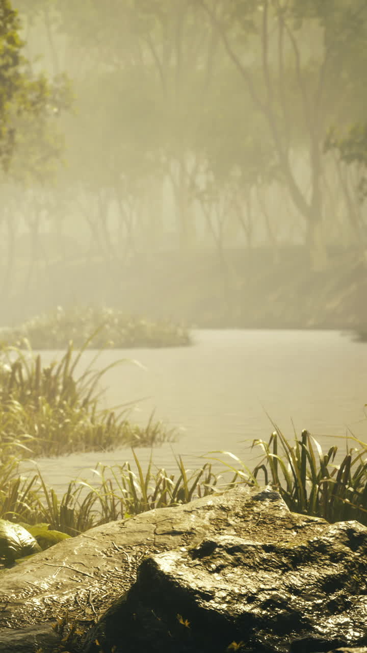 L'acqua si muove lentamente in un punto tranquillo tra rocce e piante.