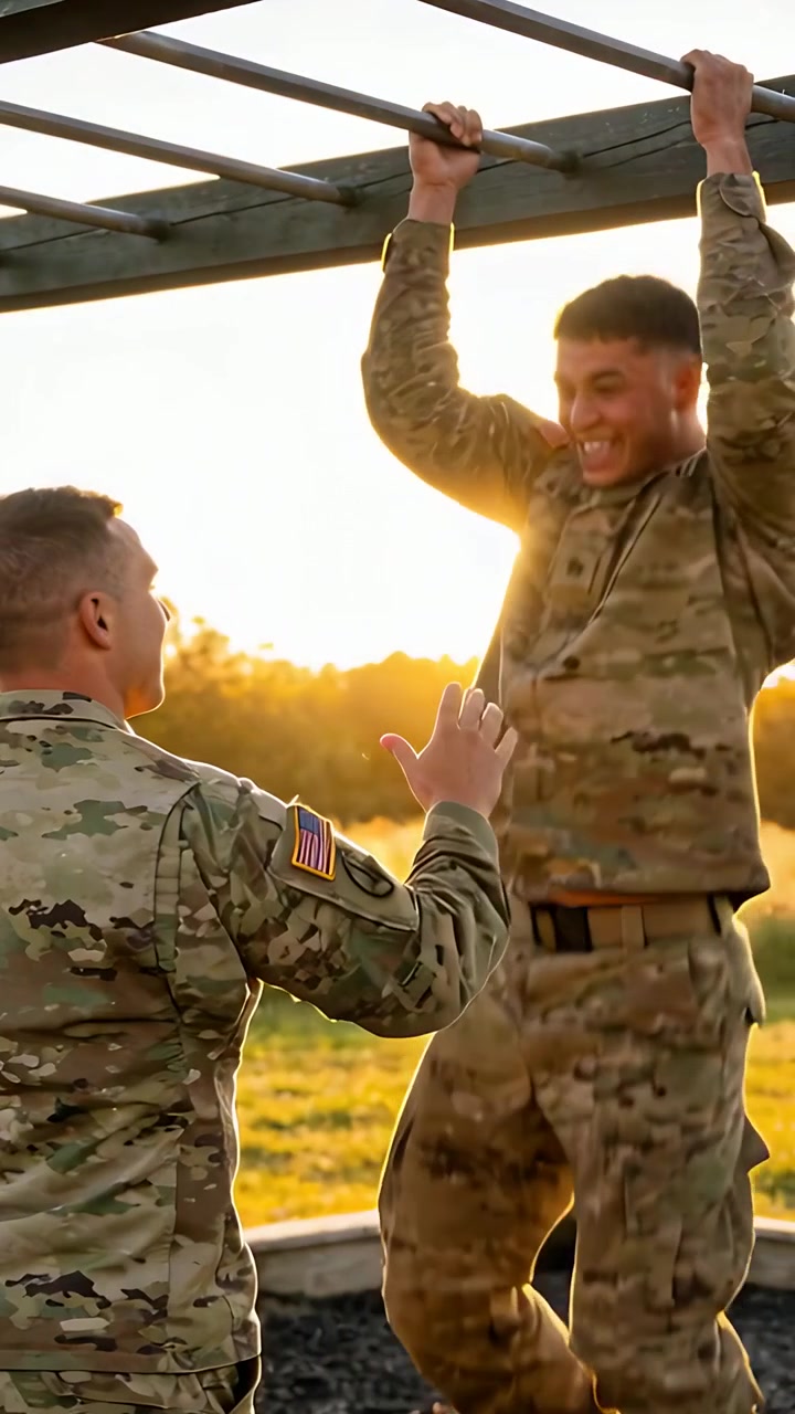 Video verticale: Sergente con pugno alzato che allena un soldato che si tira su alle sbarre orizzontali al tramonto, con patch mimetica della bandiera USA.