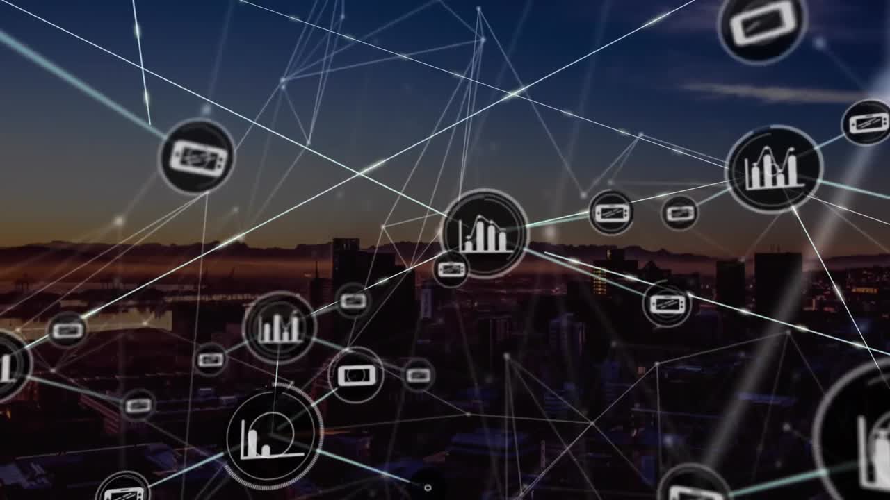 Animation of network of connections with icons over cityscape