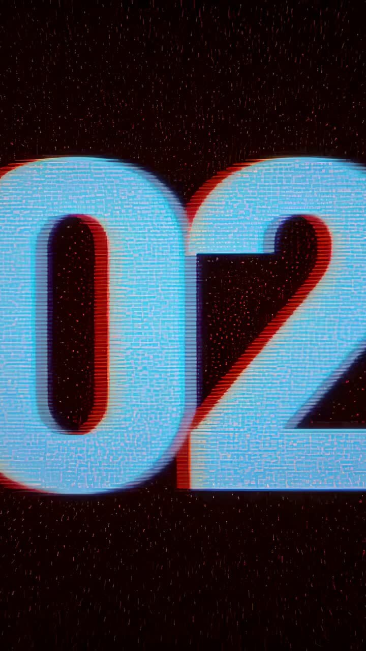 Video verticale: riproduzione, grandi numeri ciano scorrono verso sinistra su una linea di scansione scura che rivela il 2020