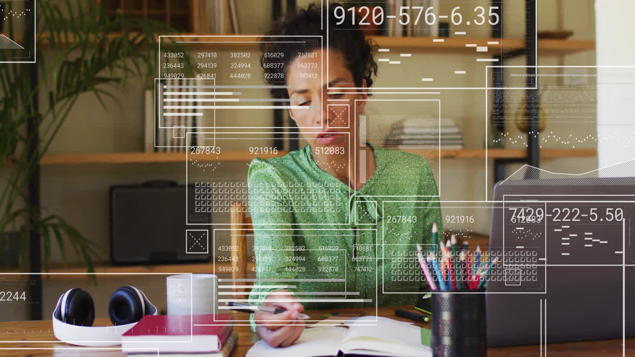 Analyzing data and writing, woman in office with digital interface animation