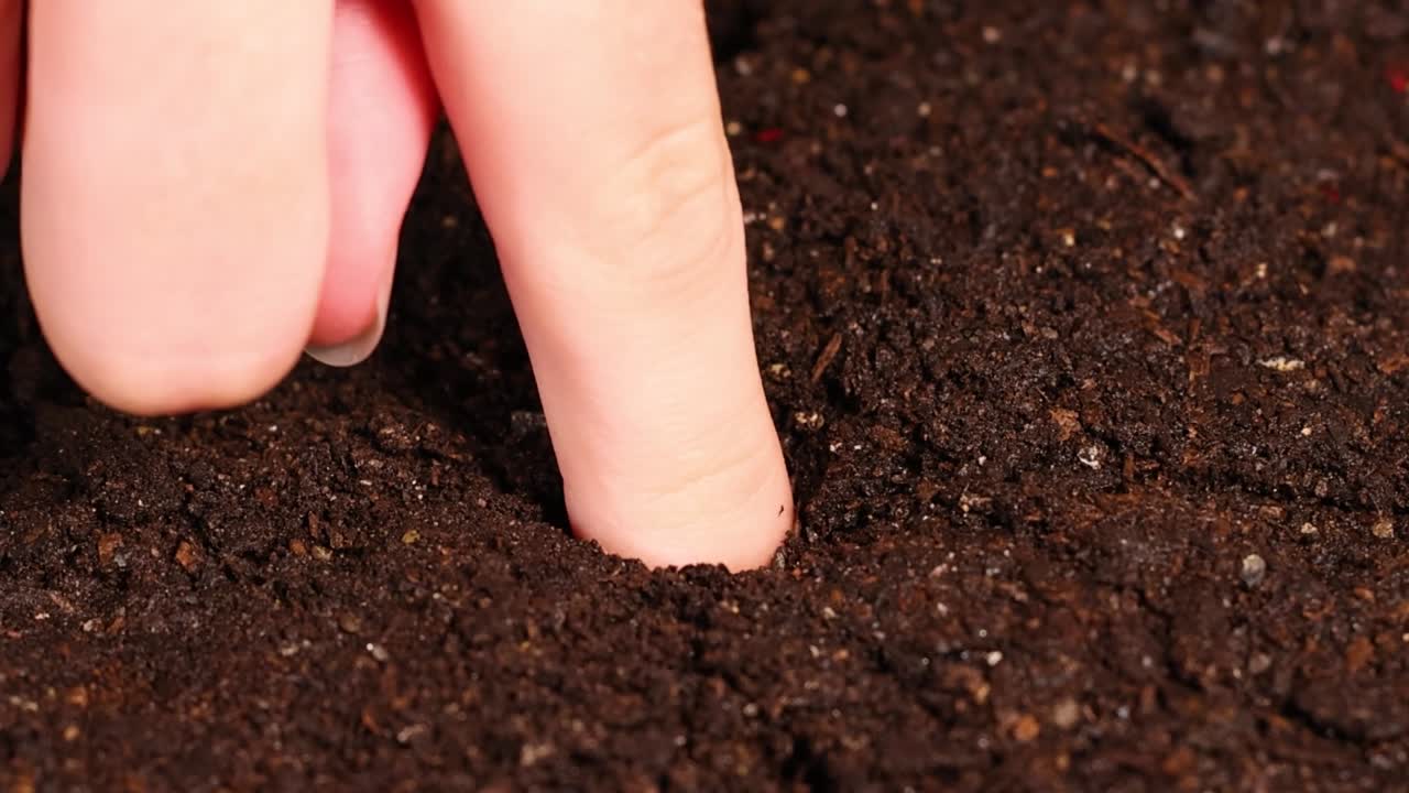 Vista macro di un dito che affonda nella ricca terra marrone per creare un foro