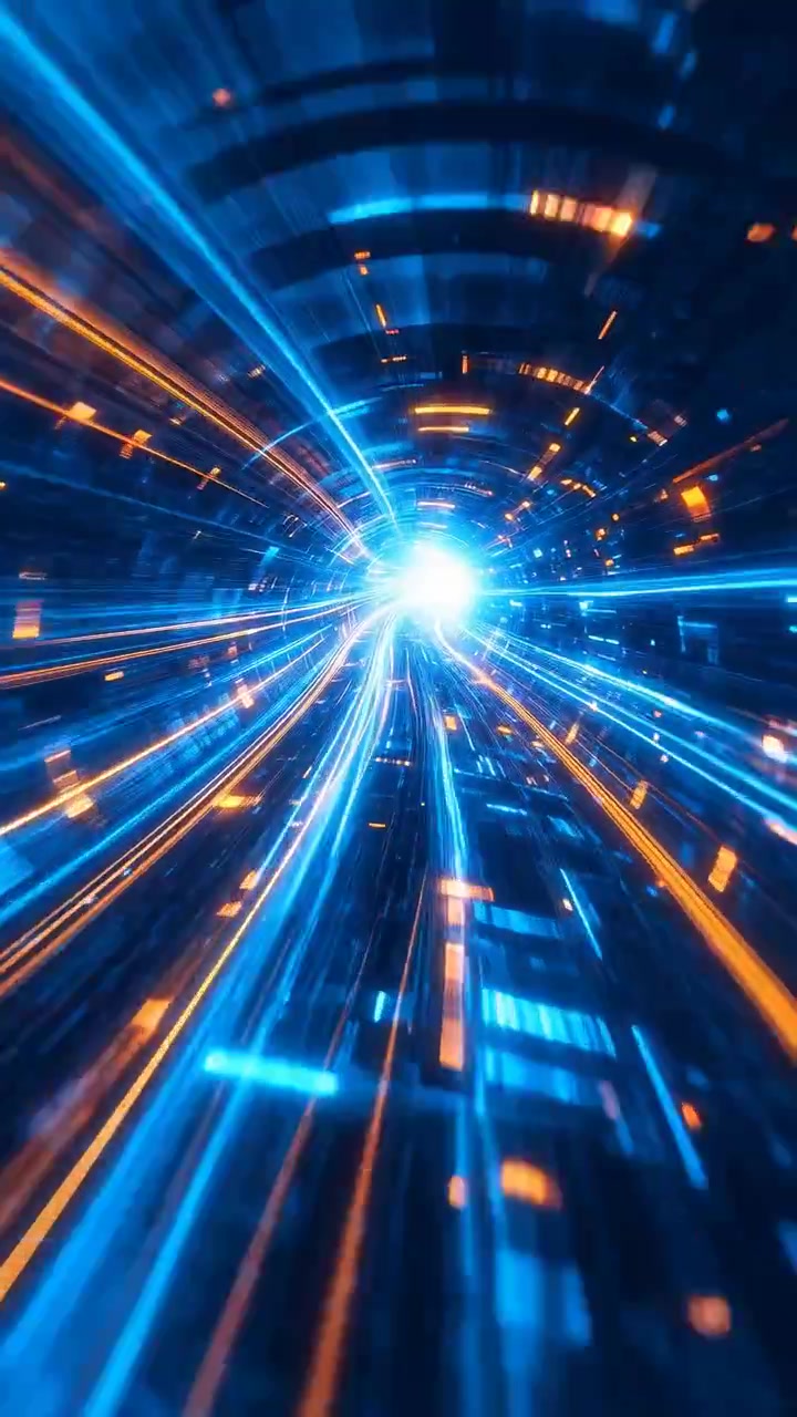 Scie luminose blu e arancioni brillanti attraversano una galleria buia con un punto di fuga luminoso, creando una scena astratta futuristica in rapido movimento con forti contrasti.