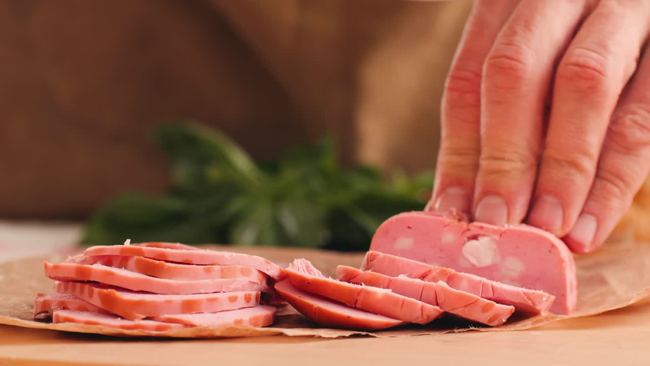 Ham italian mordatella, man Slices Of Traditional Italian antipasti mortadella sausage on a wooden cutting board, close up macro of chicken or turkey jamon, fat breakfast dish.