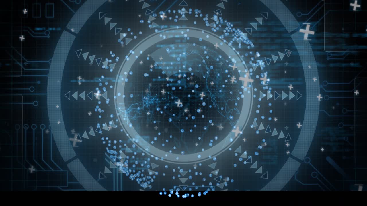 On scan HUD forming globe, expanding rings, orbiting markers rotating, code streaming for analysis