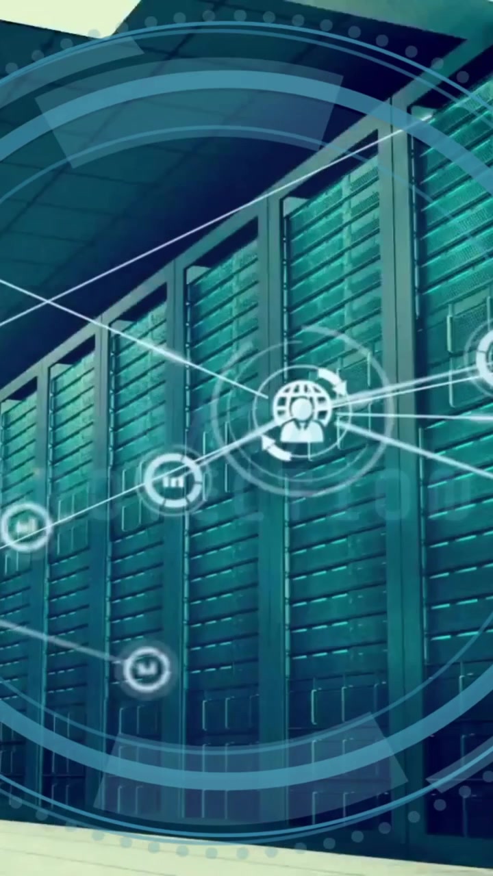 Animation of global data network and loading rings over server room