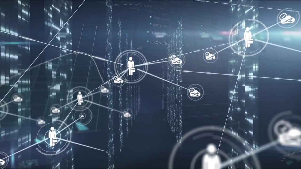 Animation of network of connections and diverse data over black background