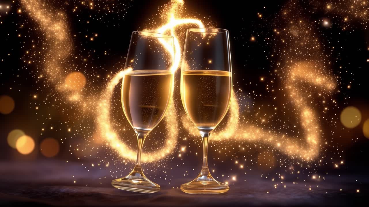 Due bicchieri scintillanti si scontrano, rilasciando coriandoli dorati. Scintillii di luce danzano intorno allo champagne, riempiendo l'aria di festa. Lo sfondo scuro presenta un bokeh morbido e caldo, aggiungendo profondità.