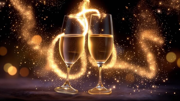 Due bicchieri scintillanti si scontrano, rilasciando coriandoli dorati. Scintillii di luce danzano intorno allo champagne, riempiendo l'aria di festa. Lo sfondo scuro presenta un bokeh morbido e caldo, aggiungendo profondità.