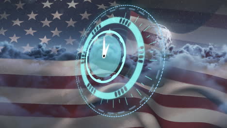 animation of rotating safe lock with clock hands over american flag and clouds