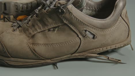 dolly of pair of worn pair of hiking shoes against a white background