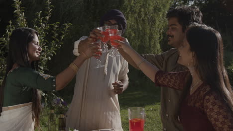 south asian family and friends toasting outdoors