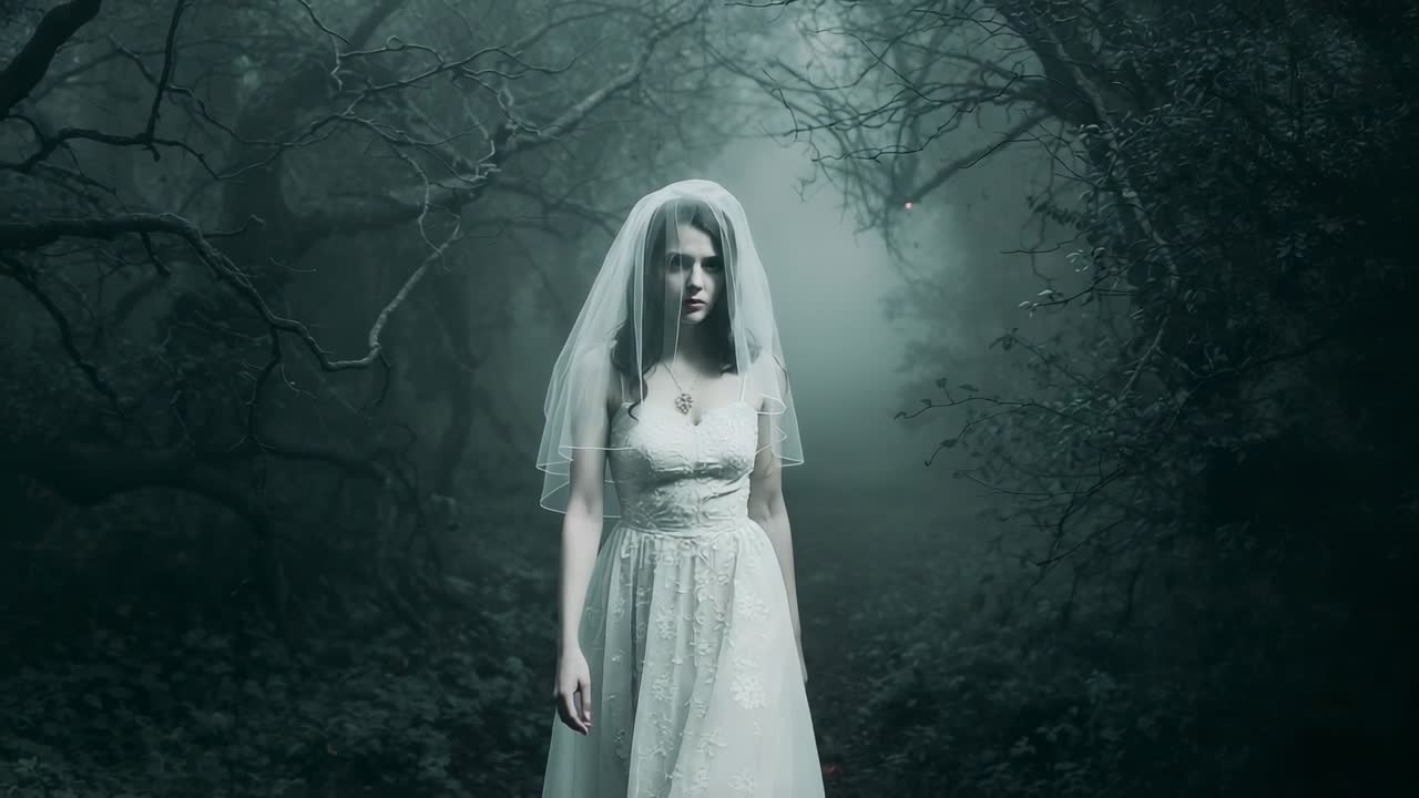 Emerging bride from gnarled limbs walking along misty forest path wearing white lace gown and veil