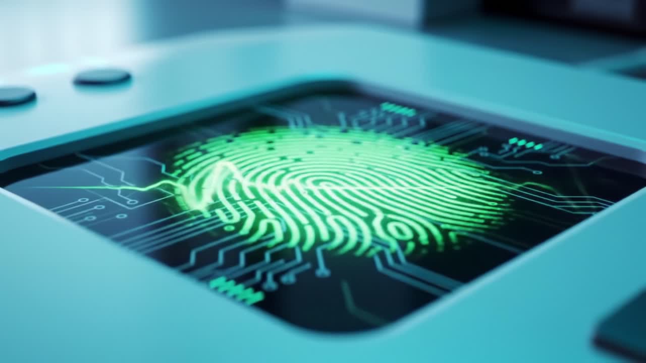 A close-up view of a high-tech fingerprint scanner displaying a glowing green fingerprint combined with digital circuit patterns, showcasing modern biometric technology