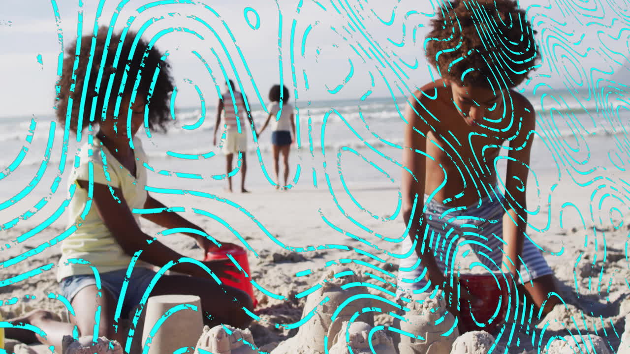 Children playing in sand with blue abstract pattern animation overlay