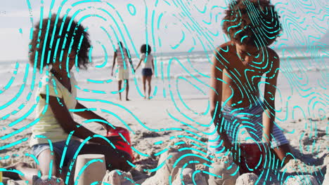 children playing in sand with blue abstract pattern animation overlay
