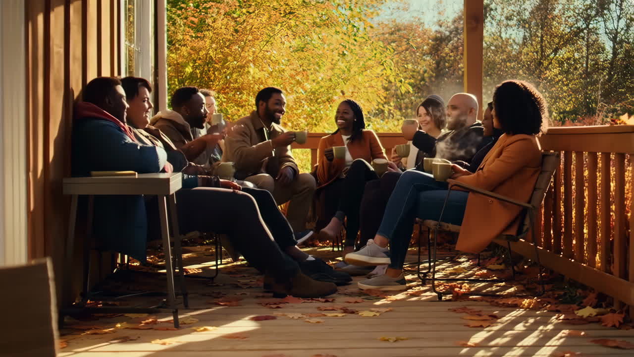 Friends gather on a cozy autumn porch for coffee and conversation