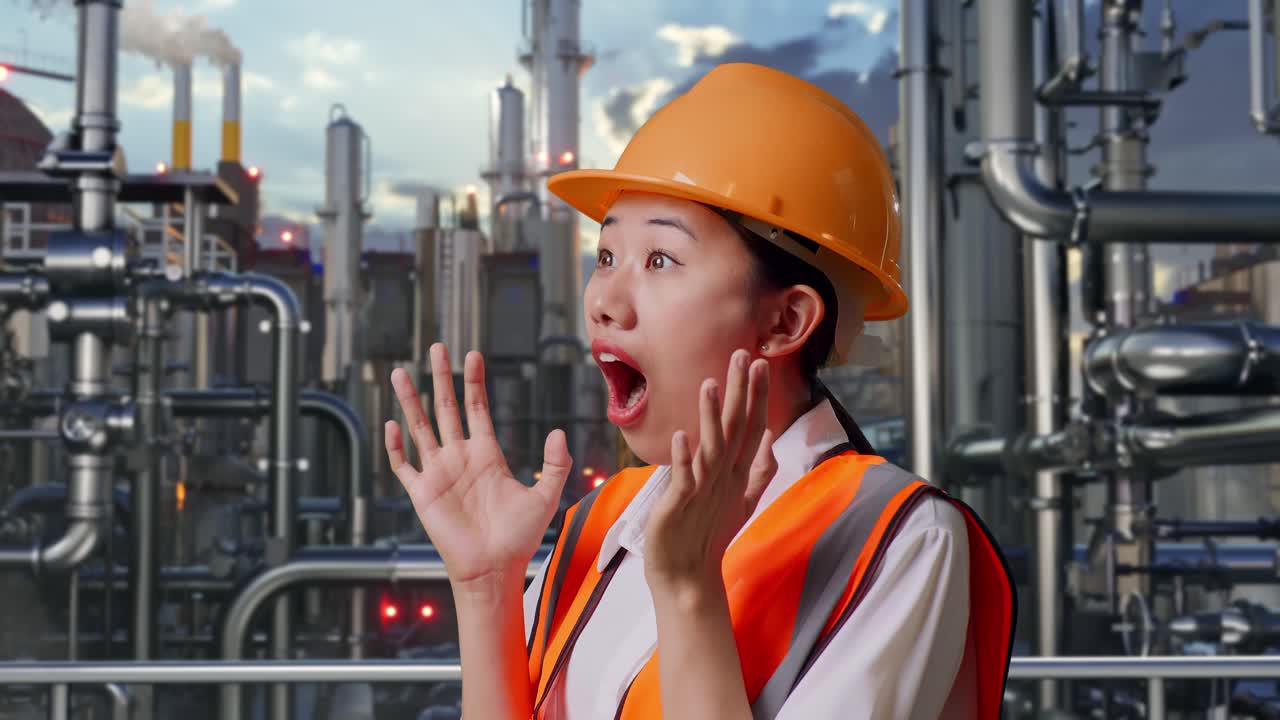 Close Up Side View Of Asian Female Engineer With Safety Helmet Smiling And Saying Wow While Standing In a Refinery, Oil Processing Equipment And Machinery