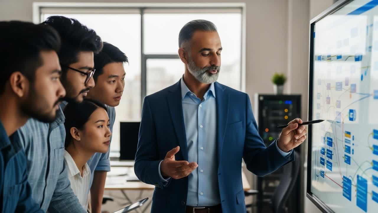 A knowledgeable professional engages a diverse group of attentive individuals in an informative session, showcasing visual data on a digital screen, embodying collaboration and active learning in a modern office environment