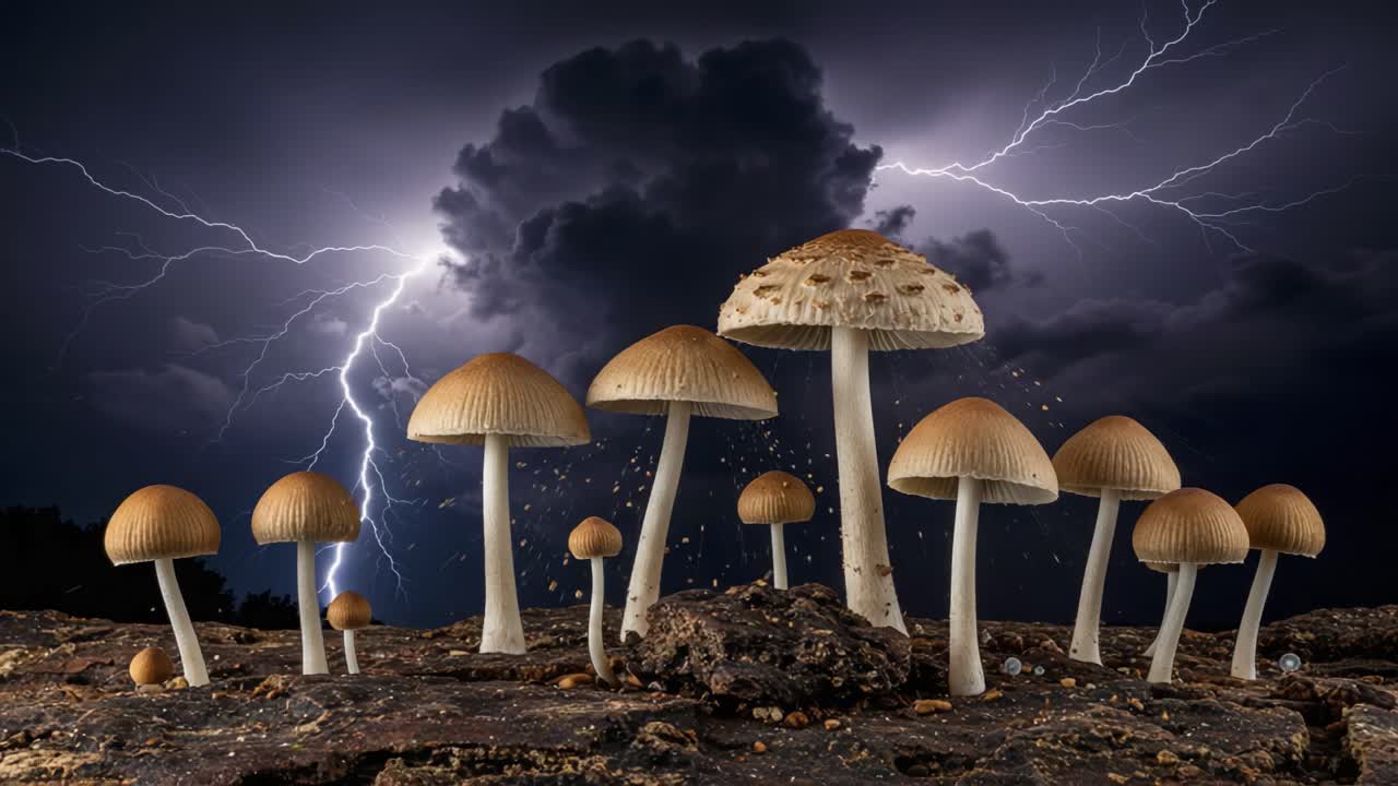 Funghi incantevoli sotto la tempesta: uno spettacolo ipnotizzante di funghi naturali tra cieli tuonanti e fulmini impressionanti