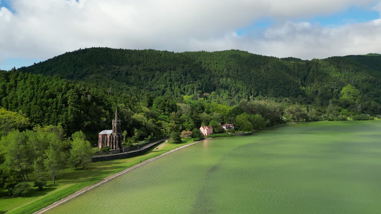 A fly by of the Chapel of Nossa Senhora das Vit&oacute;rias in the Azores, on the island of Sao Miguel