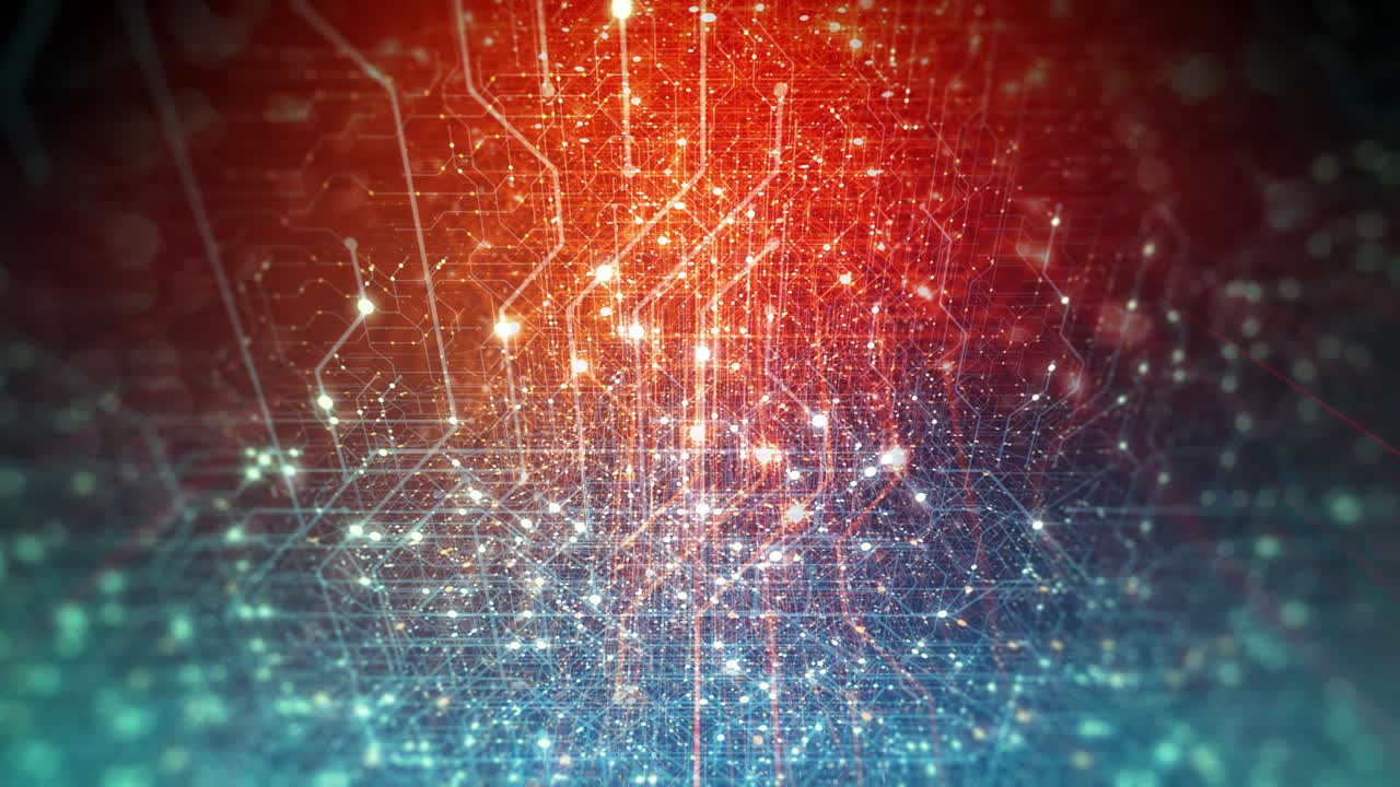 fondo tecnológico abstracto hecho de placa de circuito impreso. profundidad de efecto de campo y bokeh. conexiones a internet, computación en la nube y red neuronal, big data. renderizado en 3d, bucle sin costuras en 4k