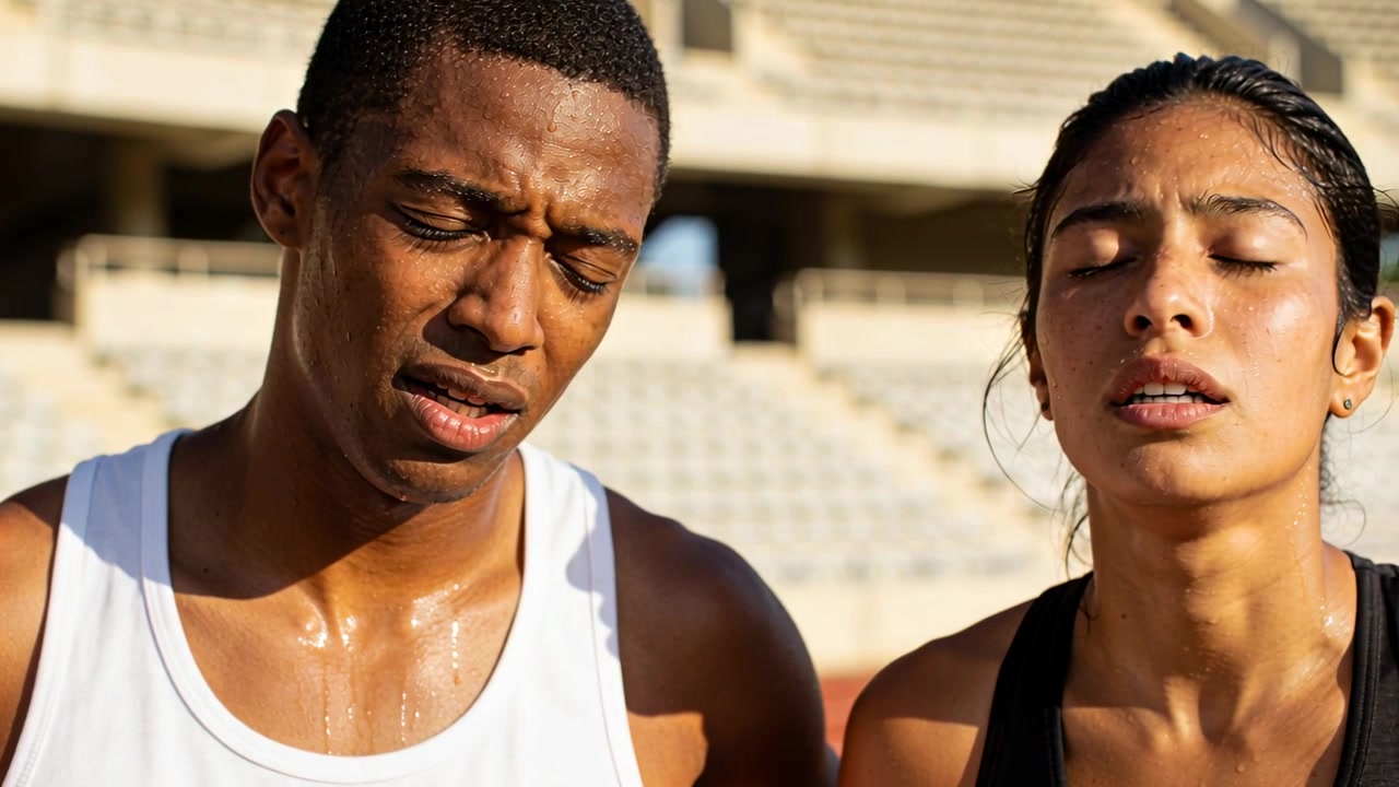Tief atmend erholen sich zwei Athleten nach einem Sprint im Leichtathletikstadion und zeigen ihre verschwitzten Tanktops.