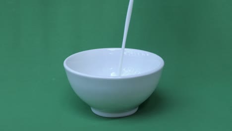 pouring fresh milk in slow motion into a white bowl with a green screen background