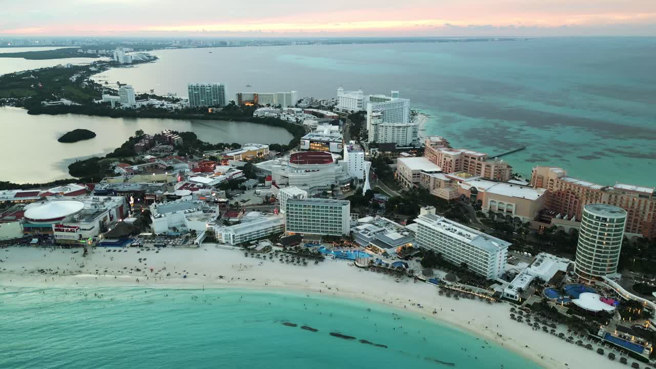 Aerial view of Cancun resort hotel district in riviera Maya Mexico with pristine ocean Caribbean water and tropical white sand beach