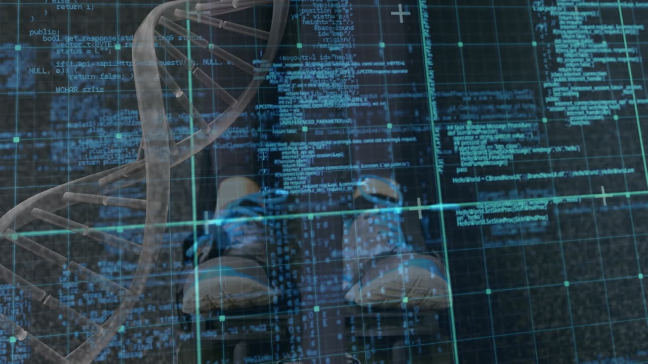 Animation of screen with scientific data and dna over legs of caucasian man training at gym